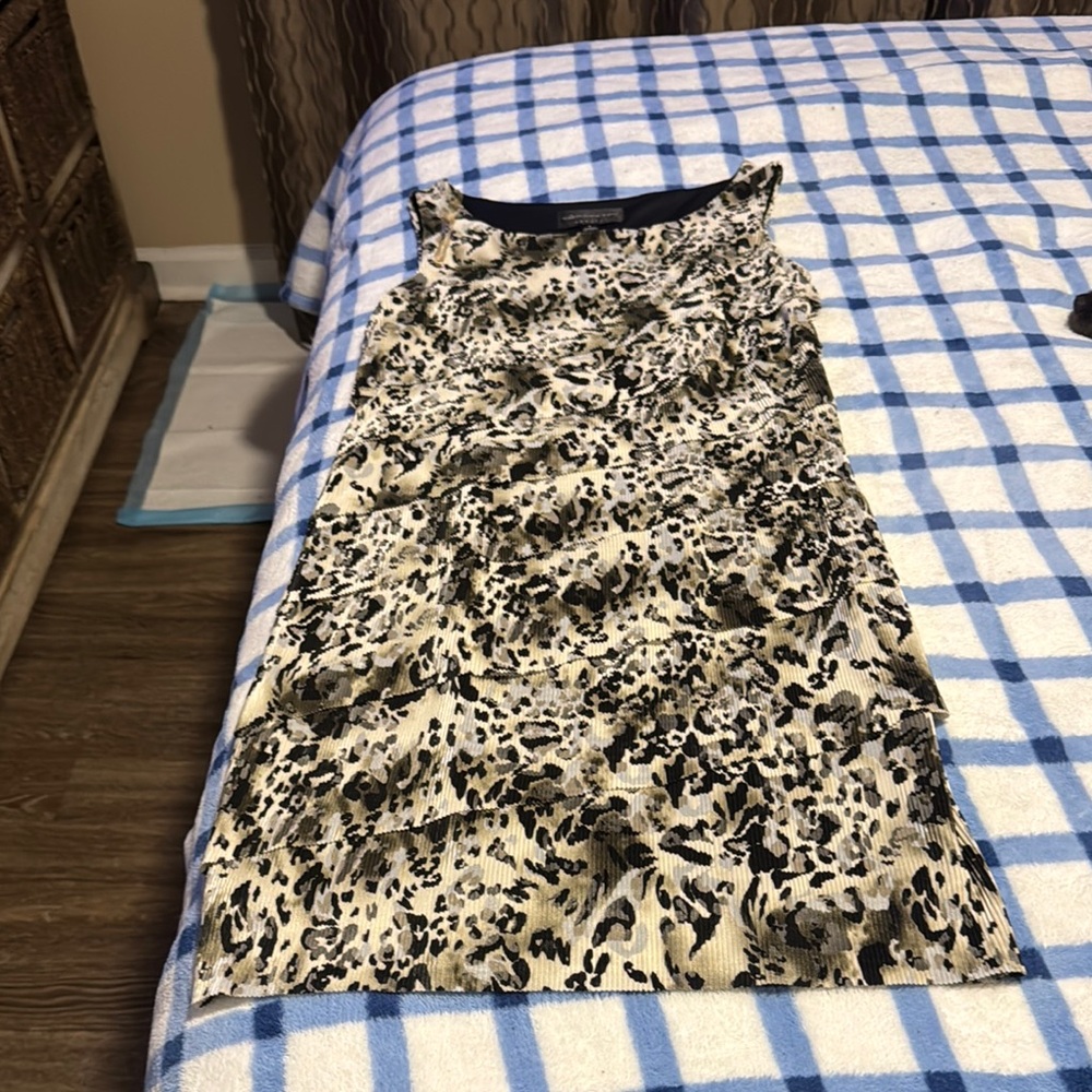 Connected Apparel Black and Cream Animal Print Mini Dress